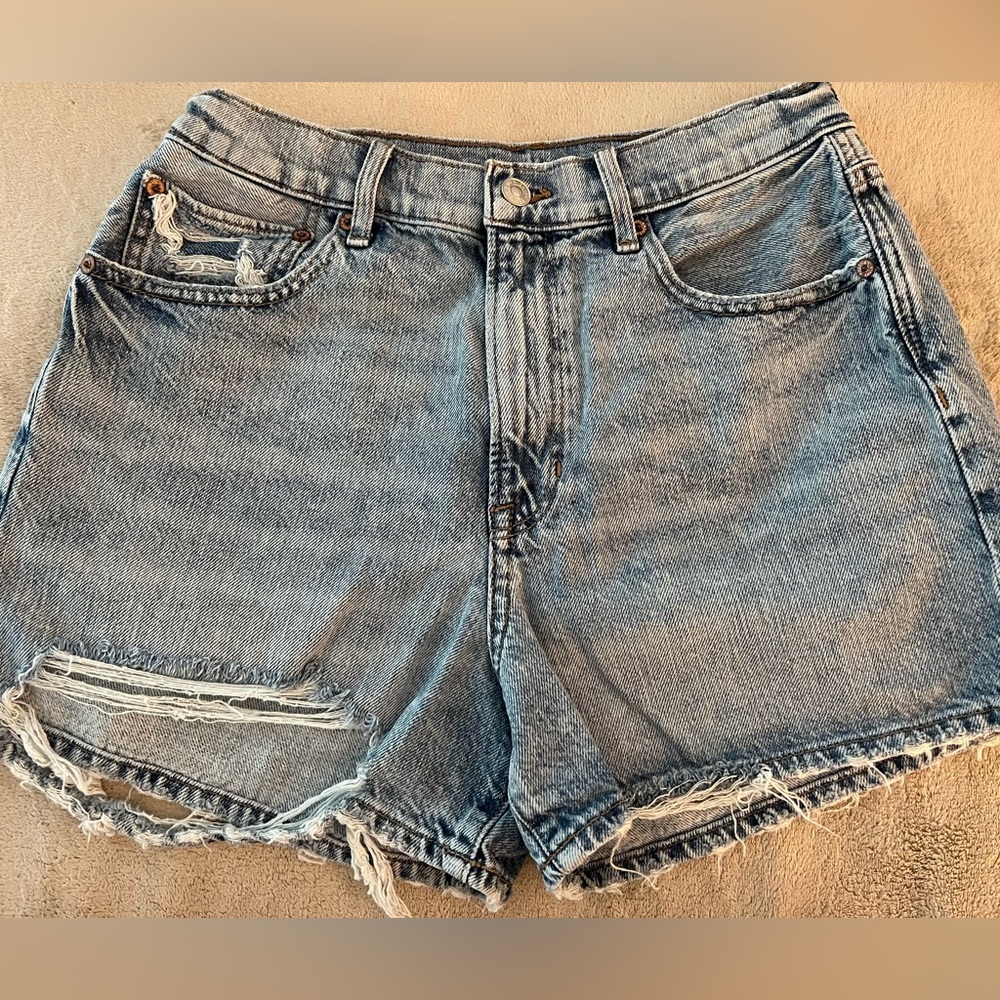 American Eagle Blue Jeans Denim 5 Pocket Distressed “1977” Short Shorts Size 8